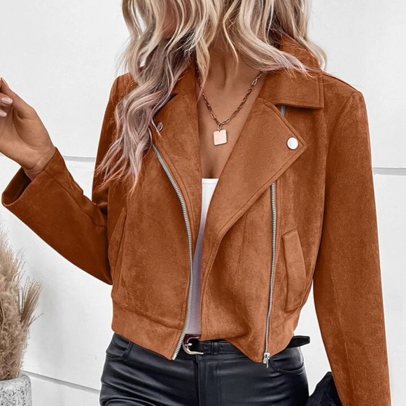 Luxe Camel Zipper Vegan Suede Moto Biker Jacket - Picture 1 of 11
